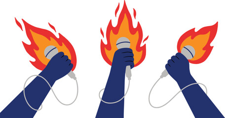 Flaming microphone performance concept with burning fire handheld flat vector illustration music entertainment design artwork style © Mominul