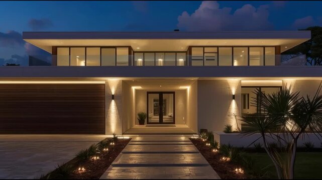 Modern luxury house exterior at dusk with illuminated pathway balcony and landscaped facade