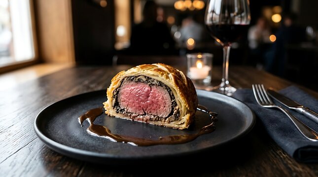 Gourmet beef Wellington slice served with savory rich sauce on a dark plate inside a cozy restaurant representing exquisite culinary craftsmanship and a romantic fine dining experience.