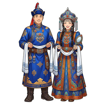 A smiling Mongolian couple in traditional blue deel garments and elaborate headdresses, holding white scarves, depicted in an illustrative style.
