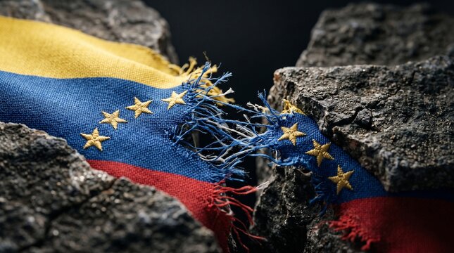 Tattered Venezuela Flag Ripped Between Cracked Rocks Representing Crisis and Earthquakes