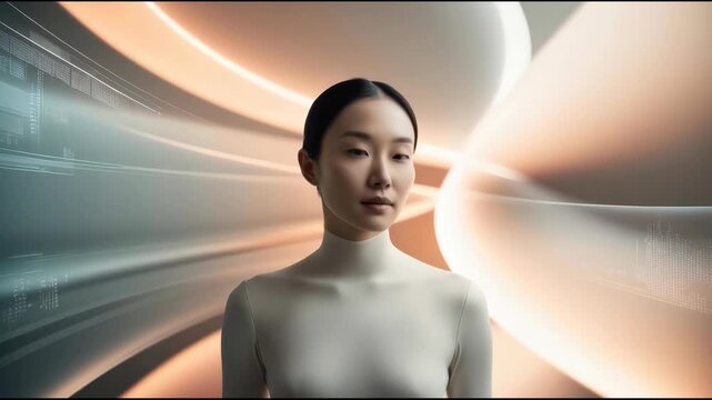 Futuristic woman portrait with abstract curved line light flow and serene minimalist tones