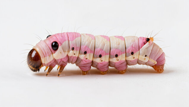 Isolated Pink Bollworm caterpillar on a white studio background