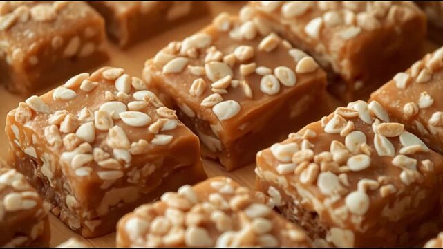 Caramel peanut candy square bites with chopped peanut topping, creamy drizzle and glossy coating