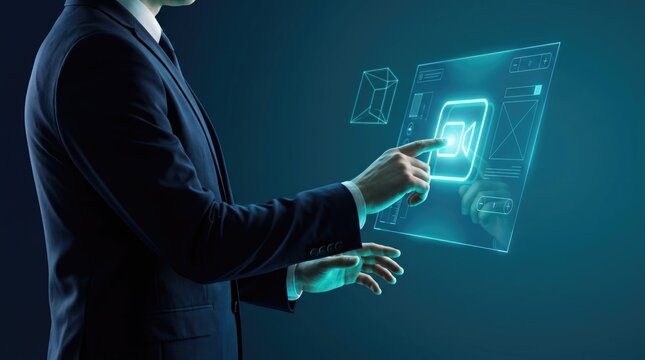 Futuristic video conference interface, businessman touching digital hologram screen, virtual meeting and online communication technology concept