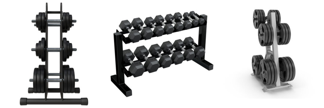 Three different types of weight racks with dumbbells and weight plates isolated on a white background