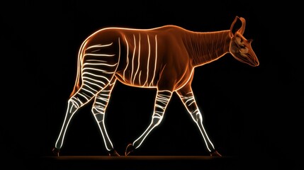 Naklejka premium An okapi moves forward with legs in motion, glowing white stripes stand out against warm amber body on a black background.