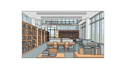 Modern public library with study desks and bookshelves © udin