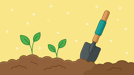 Cute cartoon illustration of young plant seedlings growing in soil with a garden shovel © Pixelaraf