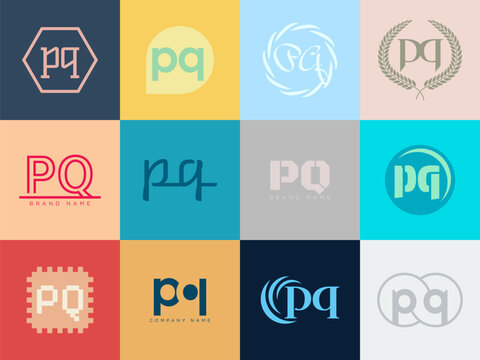 PQ logo company template. Letter p and q logotype. Set different classic serif lettering and modern bold text with design elements. Initial font typography.