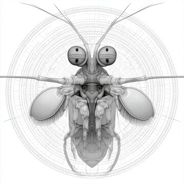 Design presents peacock mantis shrimp face at center with concentric rings surrounding it in black and white fine lines