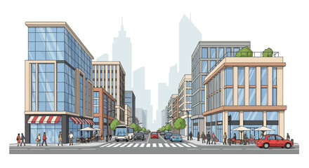Fototapeta premium Busy urban street with modern glass buildings and traffic