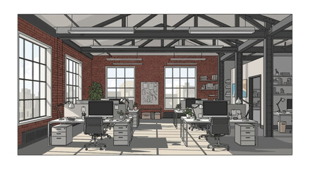 Industrial loft office workspace with brick walls and computers © udin