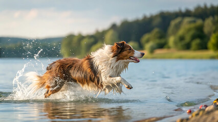 Obraz premium Brown and white dog running through water, fluffy coat splashing lake