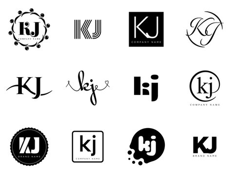 KJ logo company template. Letter k and j logotype. Set different classic serif lettering and modern bold text with design elements. Initial font typography.
