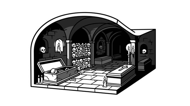 Crypt interior with coffins and skulls illustration.