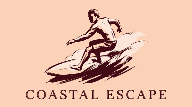 Coastal escape surf design. Surfer riding wave vector. Vintage beach t shirt graphic.