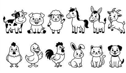 Obraz premium Cute Cartoon Farm Animal Vector Set with Cow Pig Horse Chicken Cat Dog Duck and Sheep Characters