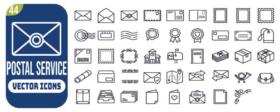 Post office stamp and mail template collection. Set of postcards, seals, marks and postal decorative elements.