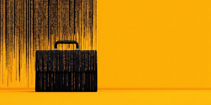 Briefcase with digital data rain effect on yellow background representing information technology cyber security and modern data management concepts
