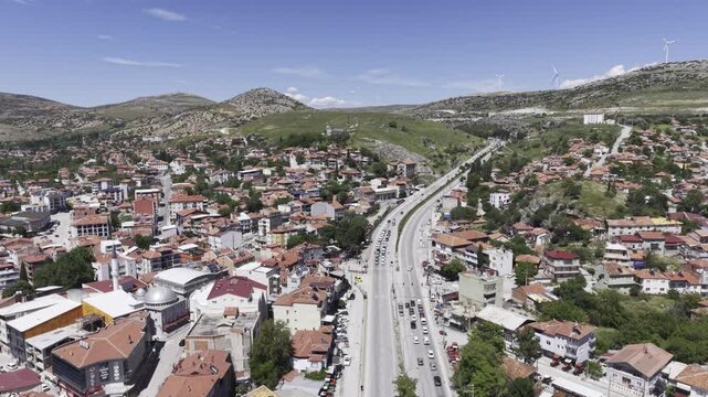 Cinematic Drone Footage of Dinar Town Center in Afyonkarahisar Turkey Showing Urban Landscape and Anatolian Architecture
