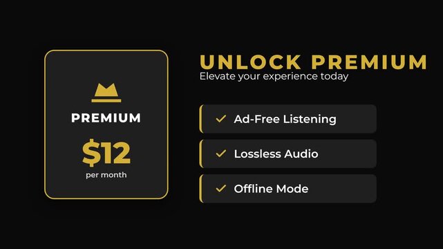 Premium subscription, promotional material, black background with yellow and white text, crown icon, representing luxury and exclusivity, symbolizing premium experience.