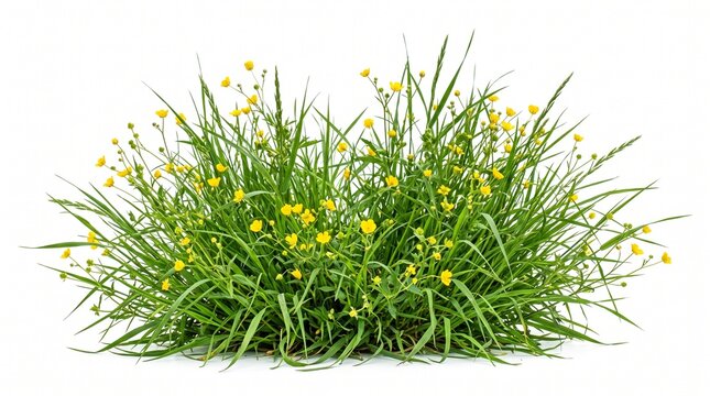 grass isolated on white background/Wild green grass with small yellow flowers isolated on white background, natural vegetation with sharp detail.