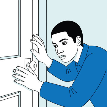 Man cautiously peeking through the door to see what's happening inside