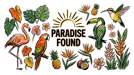 Summer paradise vector graphic design. Tropical bird and leaf sketch. Paradise found. © panji