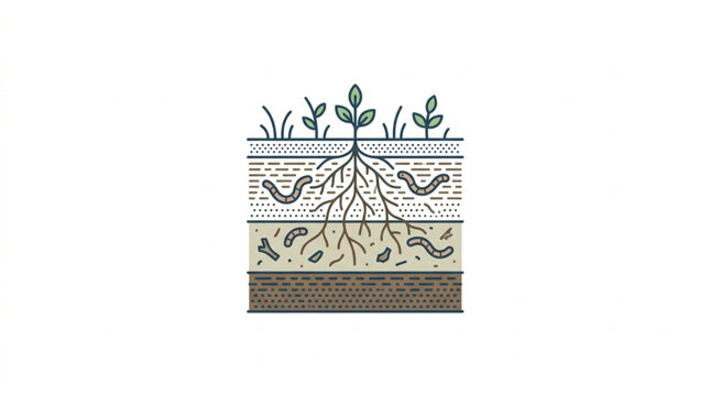 Illustration of healthy soil layers with plant roots and earthworms.