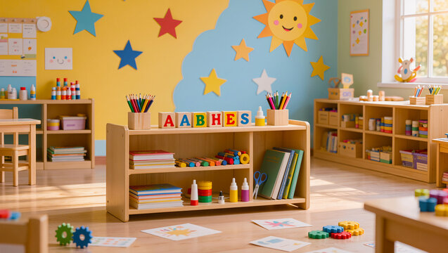 Empty Classroom with Colorful Decorations and Learning Materials
