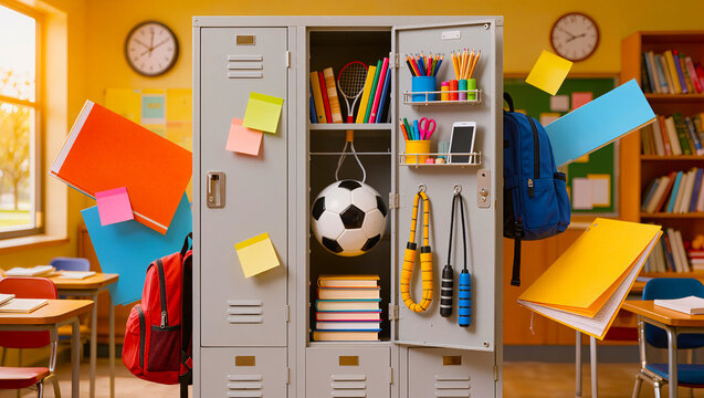 Home office desk with laptop, globe, and school supplies in a bright room 