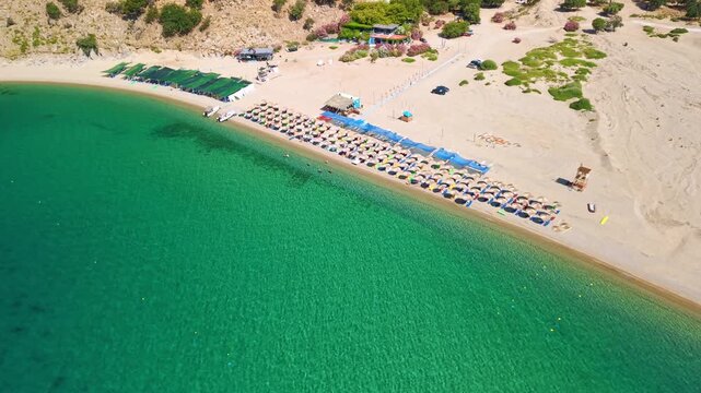 Aerial View of Pachia Ammos Beach with Sun Umbrellas Samothraki Greece