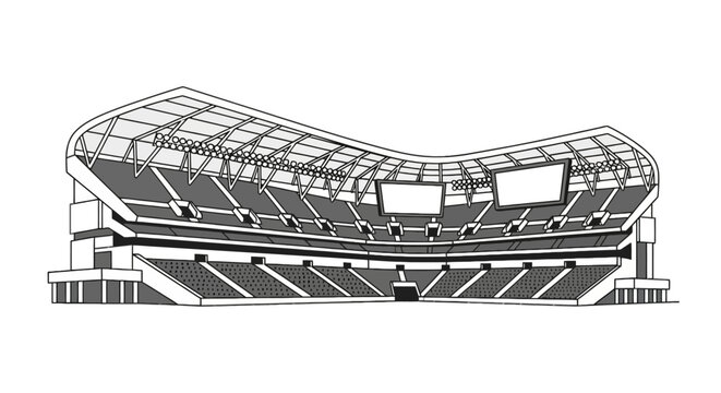 Large sports stadium with empty seating and overhead screens