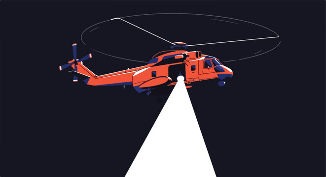 Red rescue helicopter with searchlight in dark sky