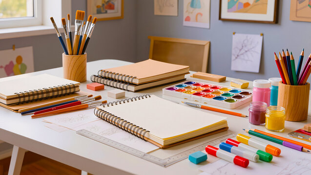 Art supplies on a white desk with notebooks and paintbrushes