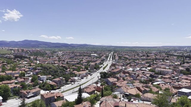 Cinematic Drone Footage of Dinar Town Center in Afyonkarahisar Turkey Showing Urban Landscape and Anatolian Architecture