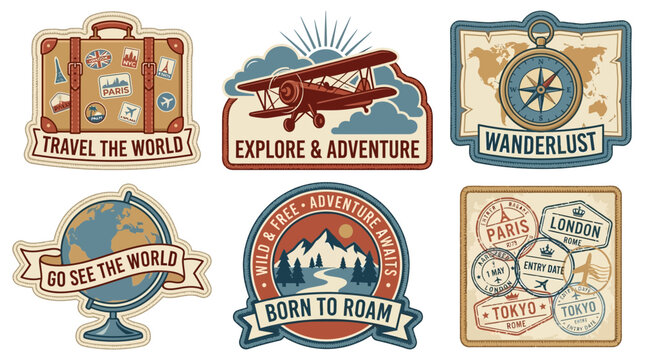 Vintage travel stickers with retro suitcase, patch, embroidered badges, and sticker designs on a nostalgic background.