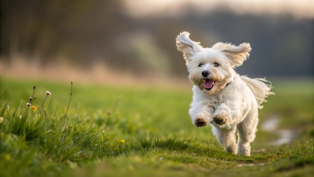 Small white dog running towards camera in green field