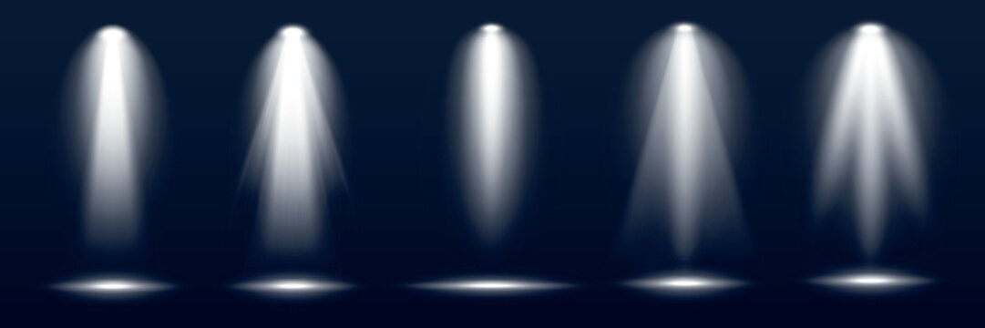 Vector of six white spotlight beams on a dark background, varying in intensity.