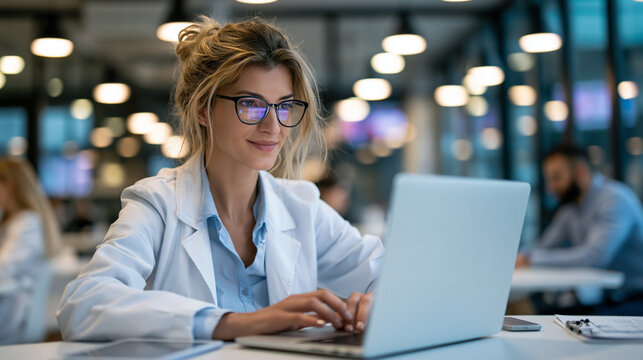 A wide shot of a doctor using softly a calm laptop to manage bright digital health records in a clinic records manage open face bright clinic soft daylight full