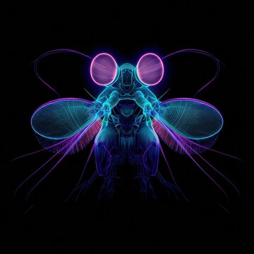 Bright neon illustration showing the face of a peacock mantis shrimp with glowing eyes and sharp lines. The background is black.