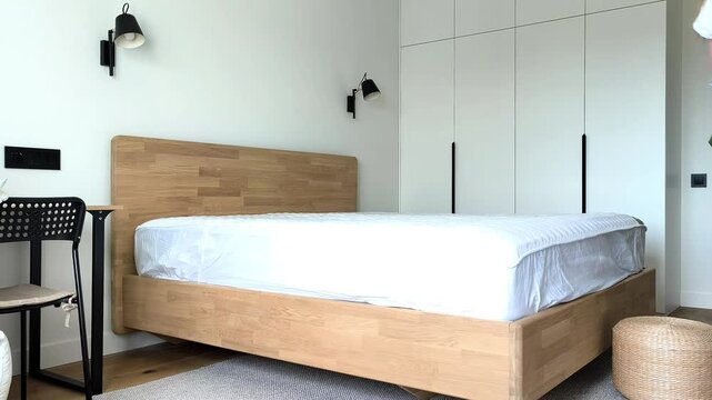 Woman gathers the dirty bed linen and carries it away from the bedroom to wash. She takes the removed bedding to the laundry during a home cleaning session. Concept of laundry routine, dirty