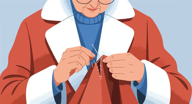 Senior woman sewing fabric with needle and thread indoors