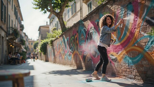 Woman creating colorful street graffiti mural on urban wall with spray paint