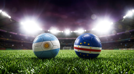Naklejka premium Foot Balls with Argentina and Cape Verde Flags on Stadium Field at Night