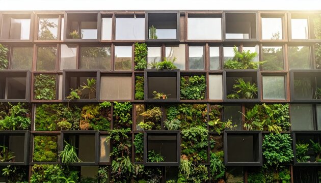 Modern architectural facade with lush vertical garden and glass windows