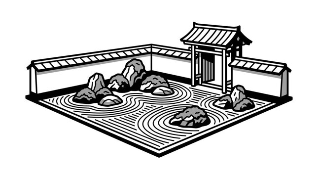 Zen Garden Illustration with Rocks and Raked Sand.