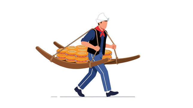 A flat vector illustration of a traditional Asian farmer carrying baskets on a shoulder pole.