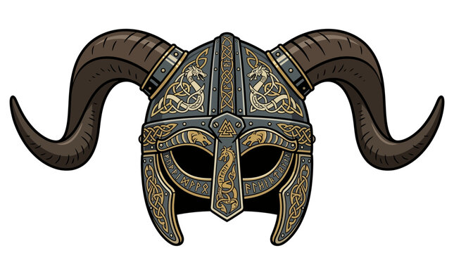 Detailed illustration of a traditional horned Viking helmet with intricate Celtic knotwork patterns.